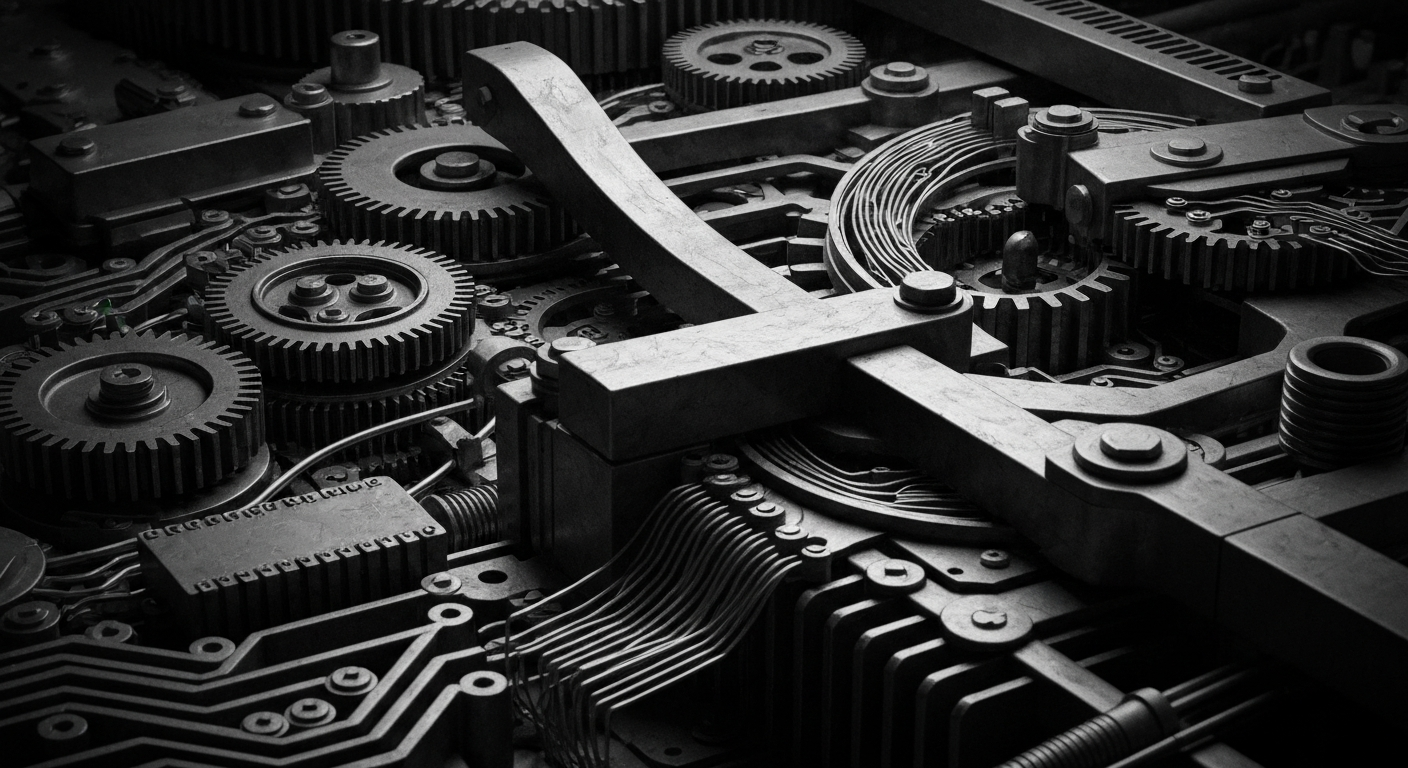 An extreme close-up of a complex array of metal gears, circuits, and levers, conceptually representing the intricate workings of the financial system that underpin the volatile crypto market.