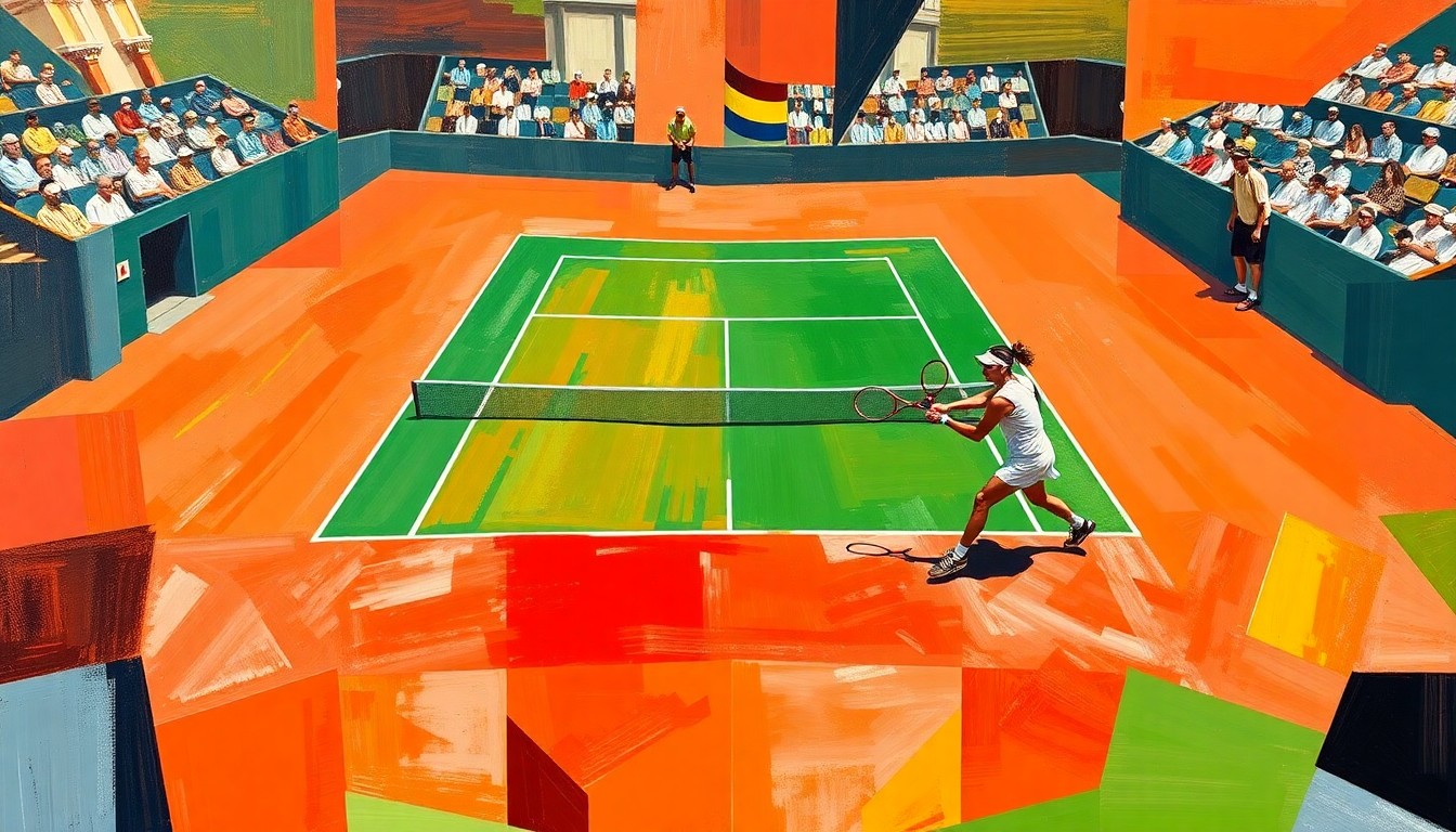 A fragmented, geometric painting depicting a tennis match between two players, with sharp planes of color and overlapping perspectives conveying the intensity of the clay court competition.