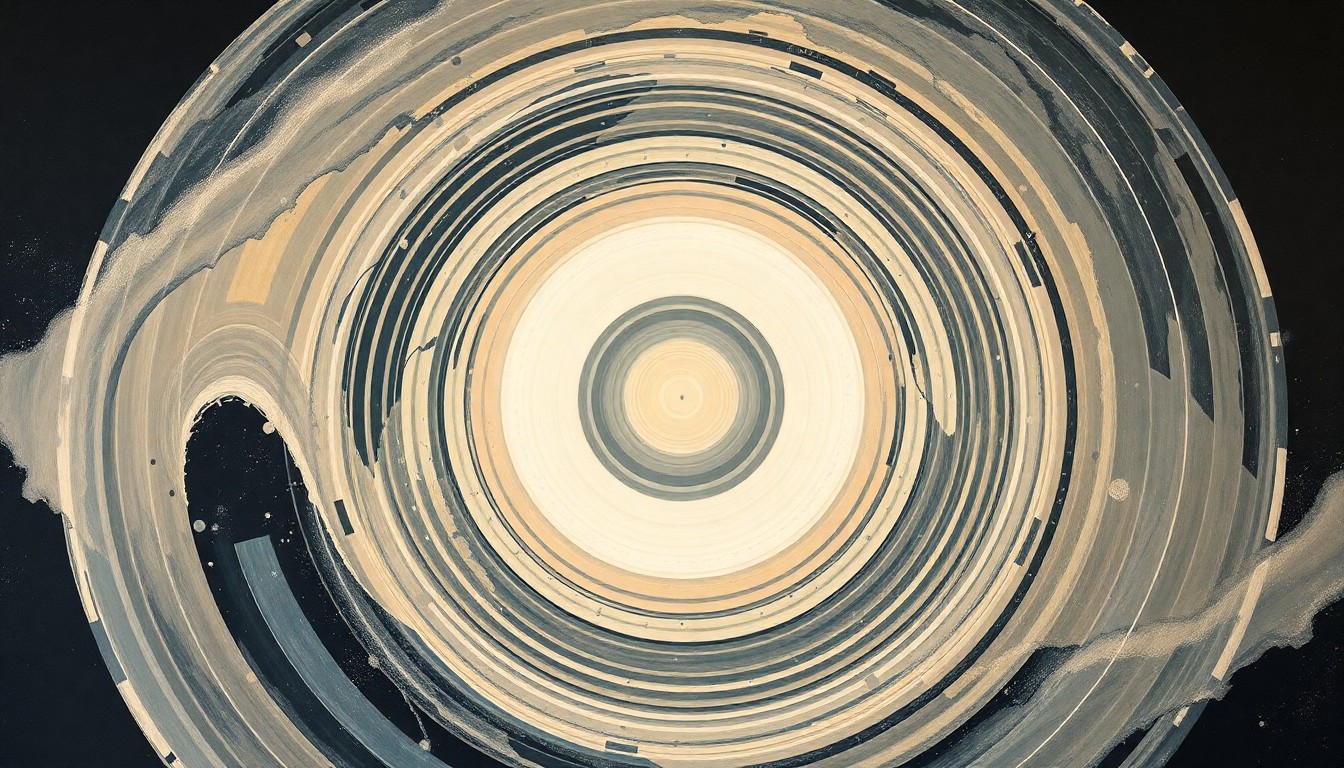 A highly structured, abstract painting in soft, earthy tones featuring sweeping geometric arcs, concentric circles, and precise spirals, conceptually representing the complex scientific forces and concepts related to the presence of ammonia on Europa's surface.