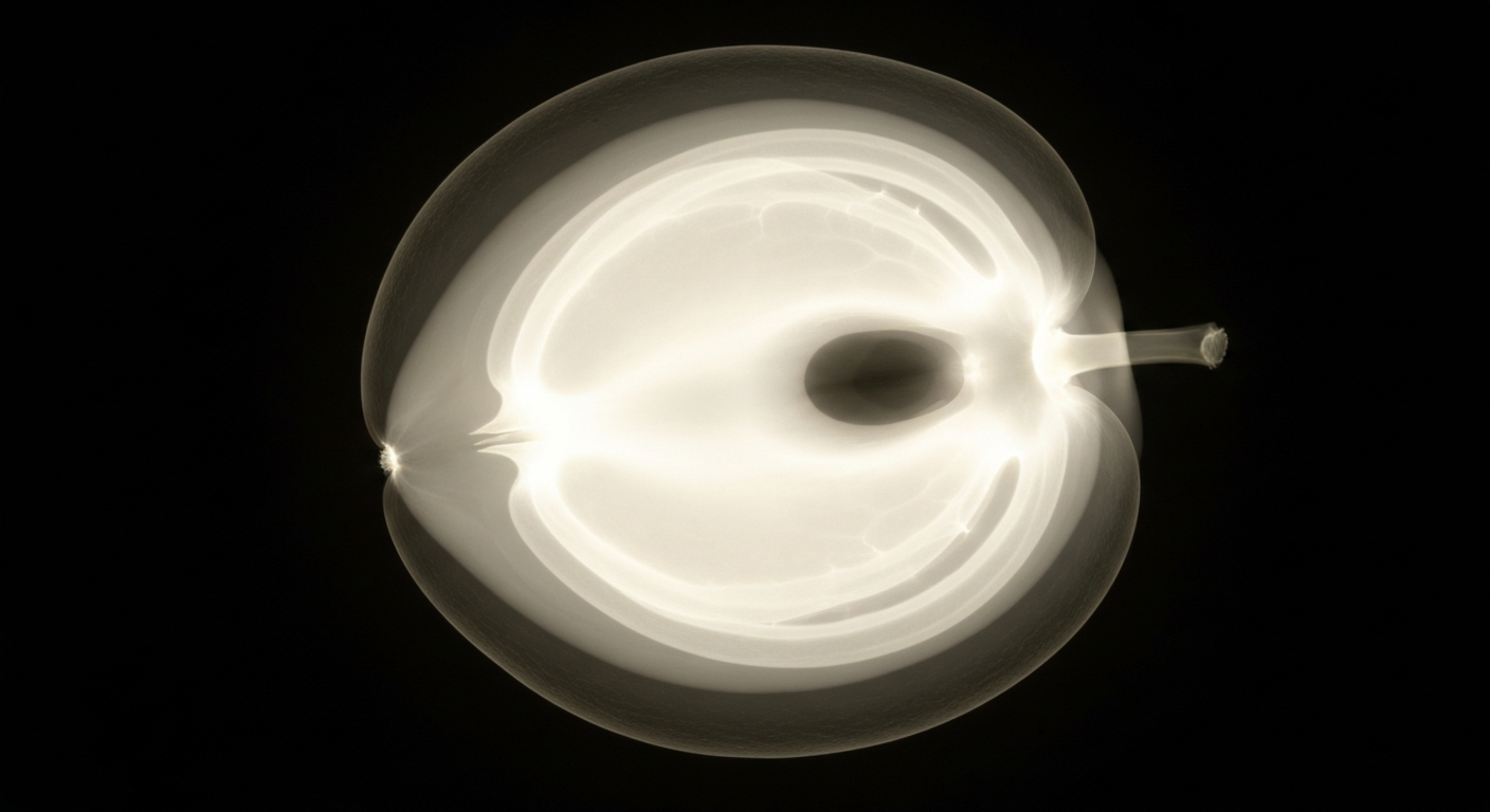 A translucent, ghostly X-ray image of a mamey sapote fruit, revealing its internal structure as a glowing silhouette against a dark background.