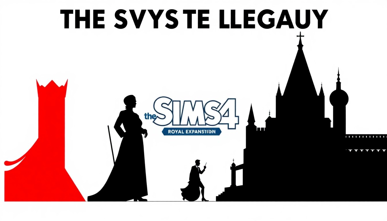 An abstract, minimalist composition featuring bold, jagged geometric shapes in high-contrast red and white, conceptually representing the royal and legacy themes of the new Sims 4 expansion pack.