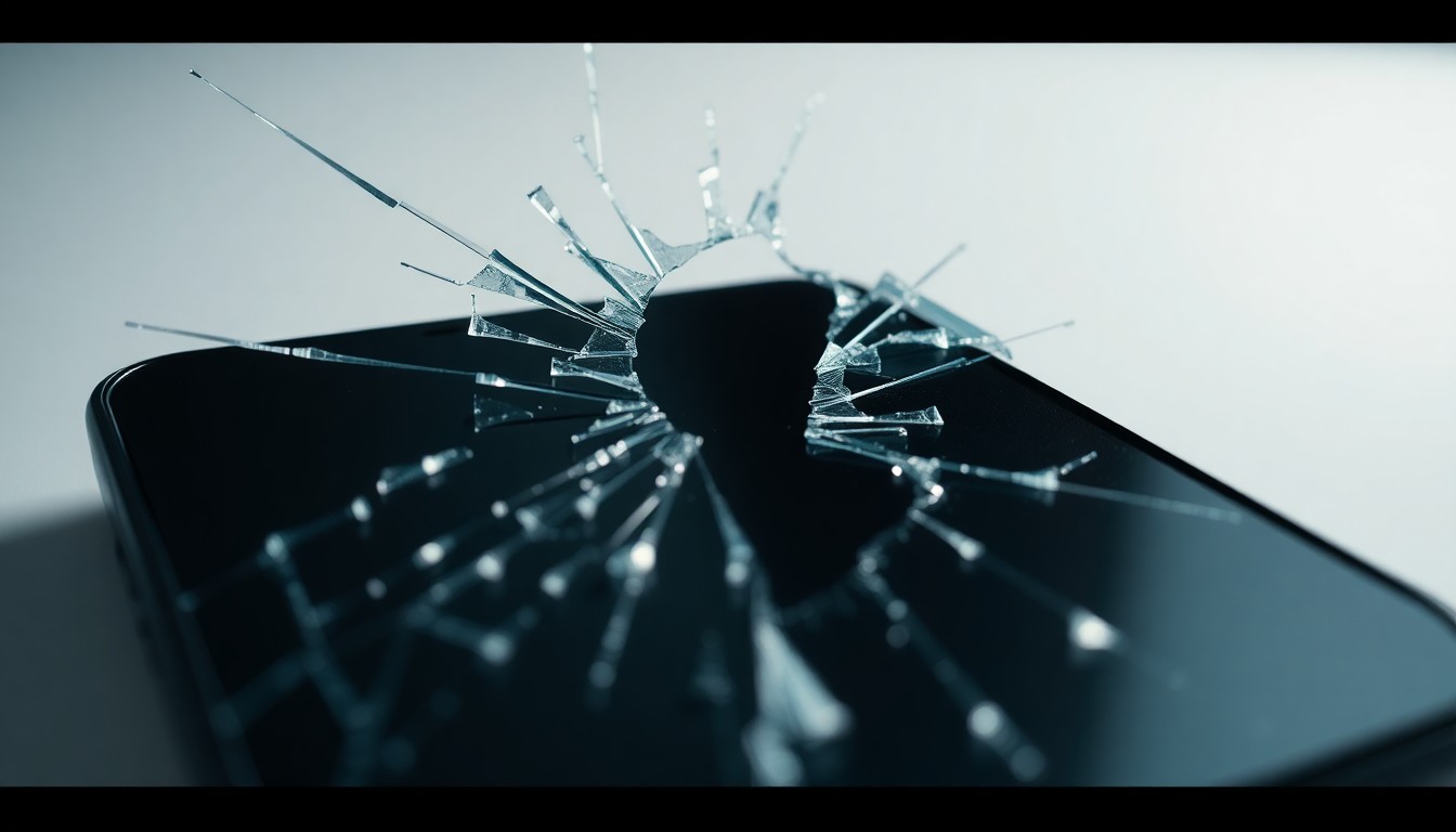 An abstract close-up photograph of shattered glass and cracked phone screen, capturing the tension and fragility of a celebrity relationship in dramatic, high-contrast lighting.
