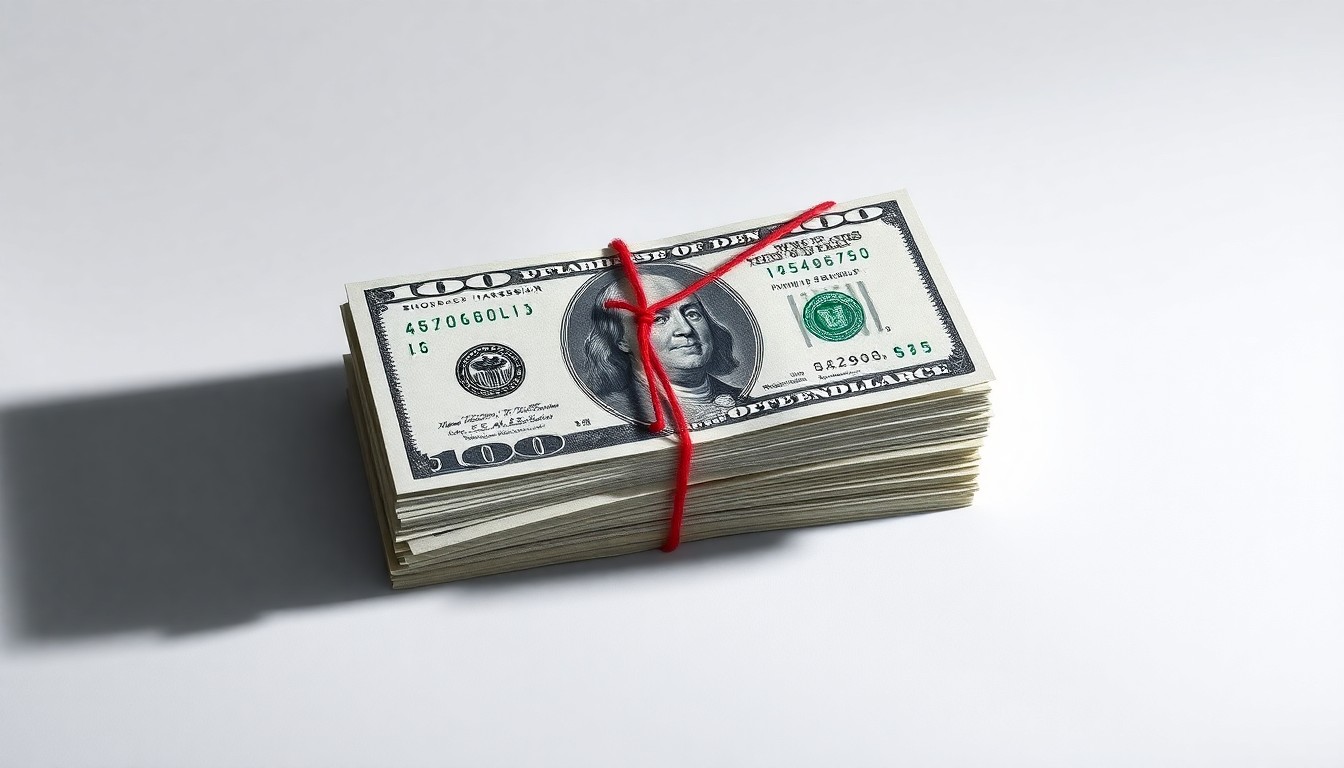 A photorealistic studio still life featuring a stack of crisp $100 bills with a single red thread woven through them, symbolizing the large financial investment at risk in the Saks bankruptcy case.