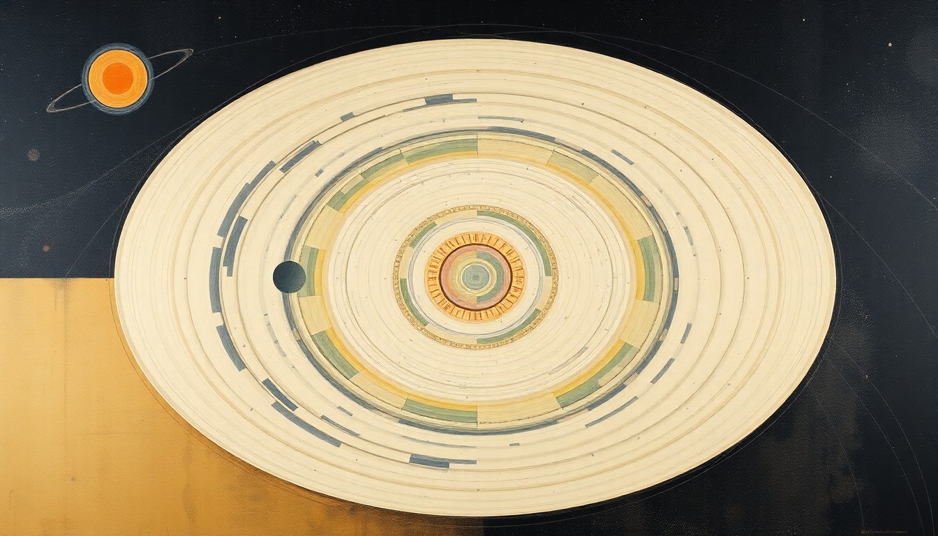 A bold, abstract painting in soft blues, greens, and grays, featuring sweeping geometric arcs, concentric circles, and precise spirals, conceptually representing the structural order and interconnectedness of scientific research and academia.