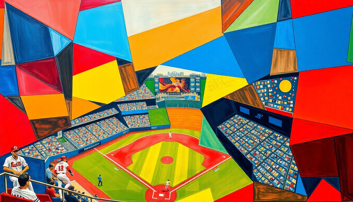 A fragmented, multi-angled painting in vibrant colors depicting the dynamic action of a baseball game, with players and the field deconstructed into sharp, overlapping geometric shapes.