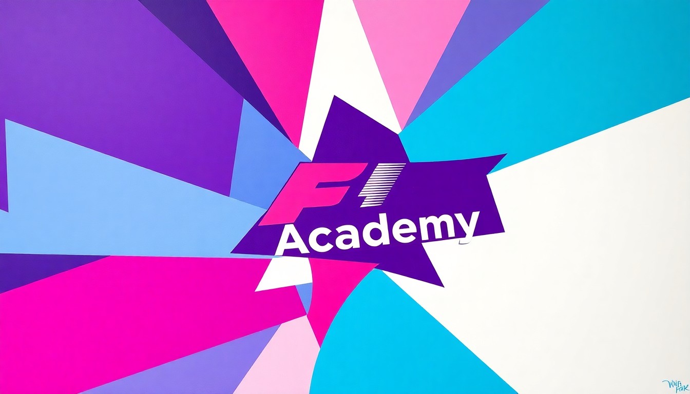 A cubist, geometric painting featuring fragmented shapes and planes in shades of purple, white, cyan blue, and hot pink, conceptually representing the dynamic new branding of the F1 Academy racing series.