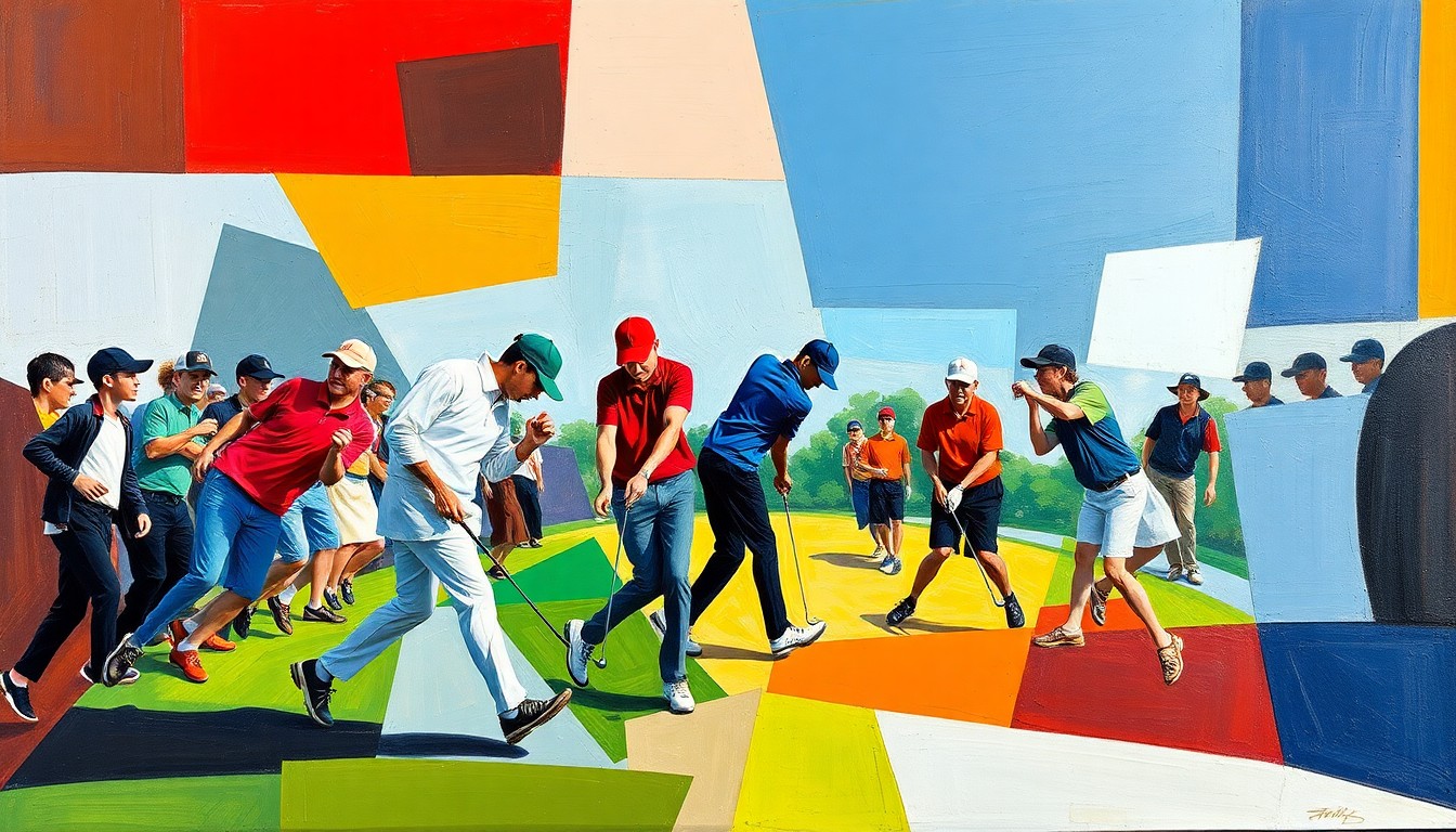 A fractured, multi-perspective painting in the style of Pablo Picasso, breaking a high school golf match down into sharp, overlapping geometric planes of movement and competition.