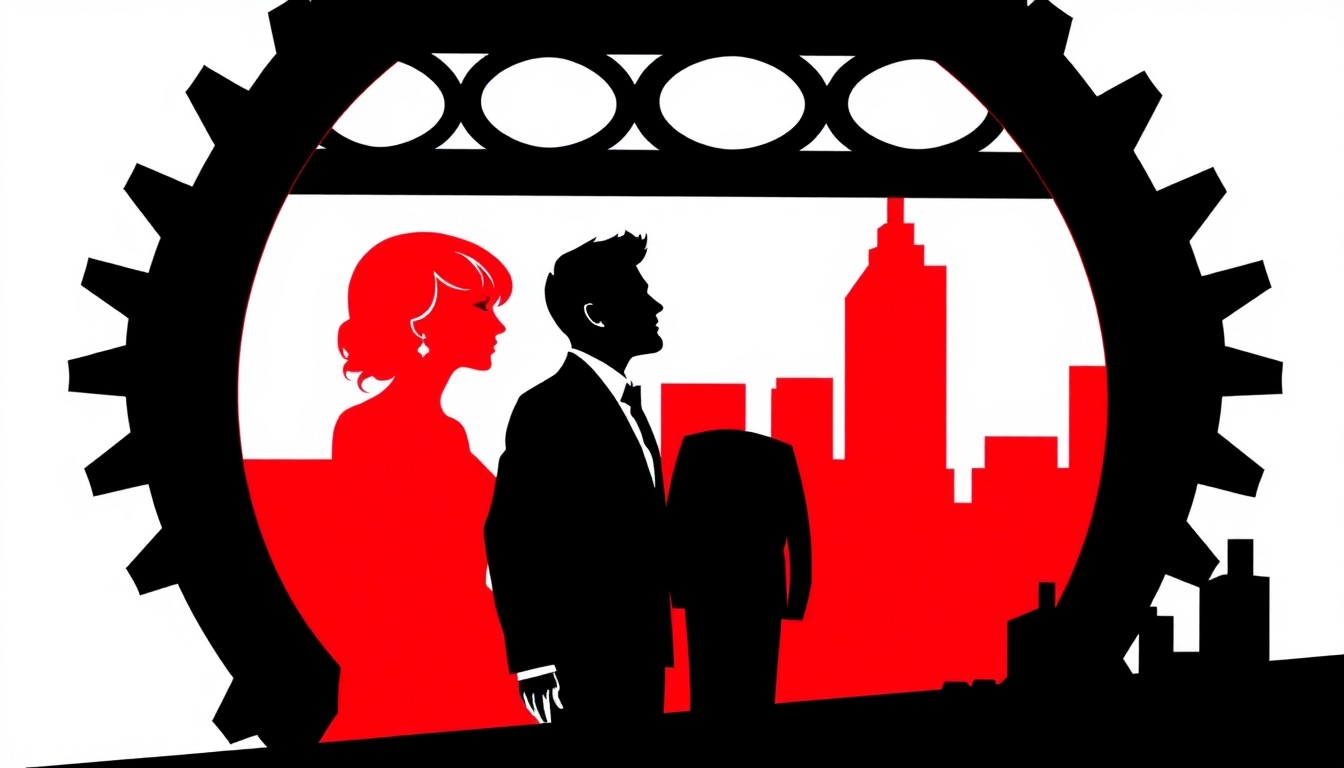 A minimalist, abstract illustration featuring bold, jagged shapes in red, white, and black, conceptually representing the upcoming wedding of Taylor Swift and Travis Kelce in New York City.