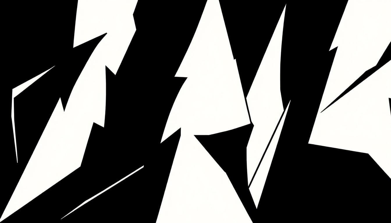 An abstract composition of angular, overlapping black and white shapes, conveying the emotional turmoil and interconnected lives within a suburban community.