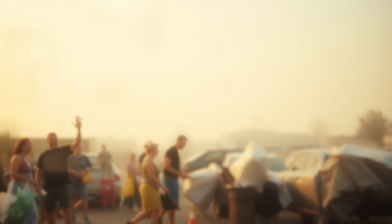 An abstract, impressionistic scene of blurred, warm-toned shapes and colors, suggesting the activity and energy of a community cleanup event without depicting any specific details.