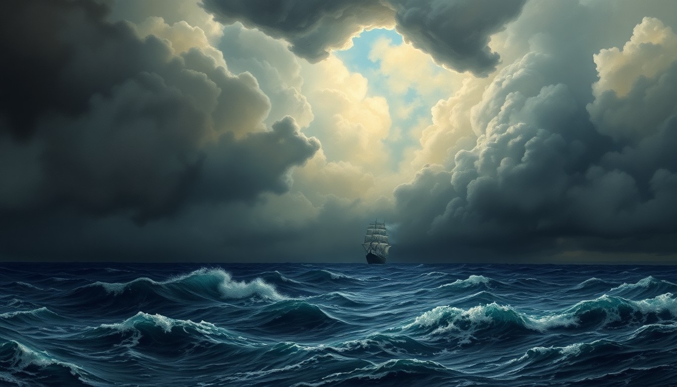 A vast, majestic landscape painting depicting a stormy, turbulent ocean under a heavy, ominous sky, conveying the overwhelming, sublime power of nature.