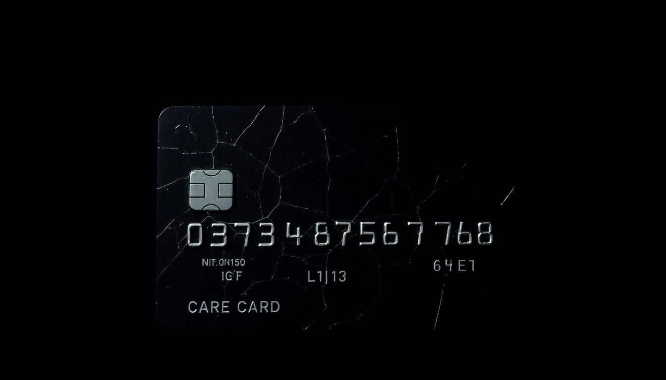 An extreme close-up photograph of a damaged credit card, with a cracked surface and partially obscured numbers, conveying a sense of the gritty, investigative nature of credit card fraud cases.