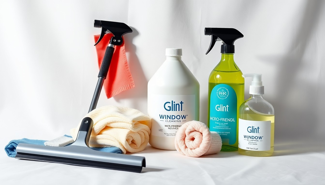 A high-end, photorealistic studio still-life photograph featuring a set of professional window cleaning tools and supplies, including a squeegee, microfiber cloths, and eco-friendly cleaning solutions, arranged elegantly on a clean, white seamless background. The objects are lit with sharp, dramatic studio lighting and deep shadows, conceptually representing the precision and care of Glint Window Cleaning's work.