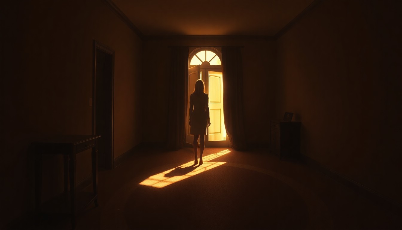A dimly lit room with warm, diagonal sunlight and deep shadows, depicting a solitary figure alone in contemplation, conceptually representing Ivanka Trump's personal experience with the 2024 assassination attempt on her father.