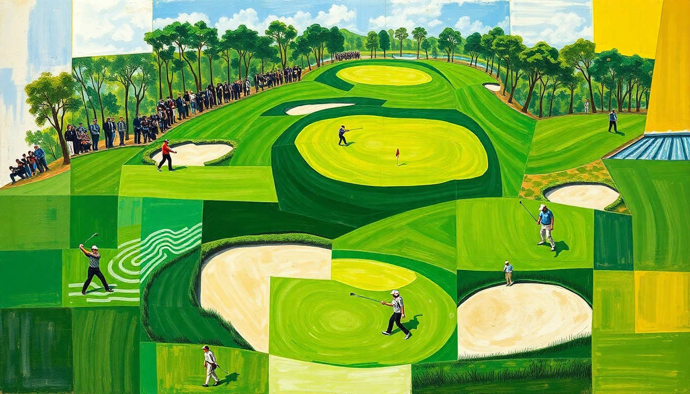 A cubist, geometric painting depicting the 2023 Masters golf tournament, with overlapping planes of green fairways, sand traps, and golfers in motion, capturing the evolving complexity of the Augusta National course.