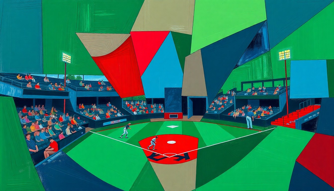 A cubist, geometric painting depicting a high school baseball game, with the players and field broken down into overlapping planes of navy, green, and red, conveying the competitive energy of the tournament.
