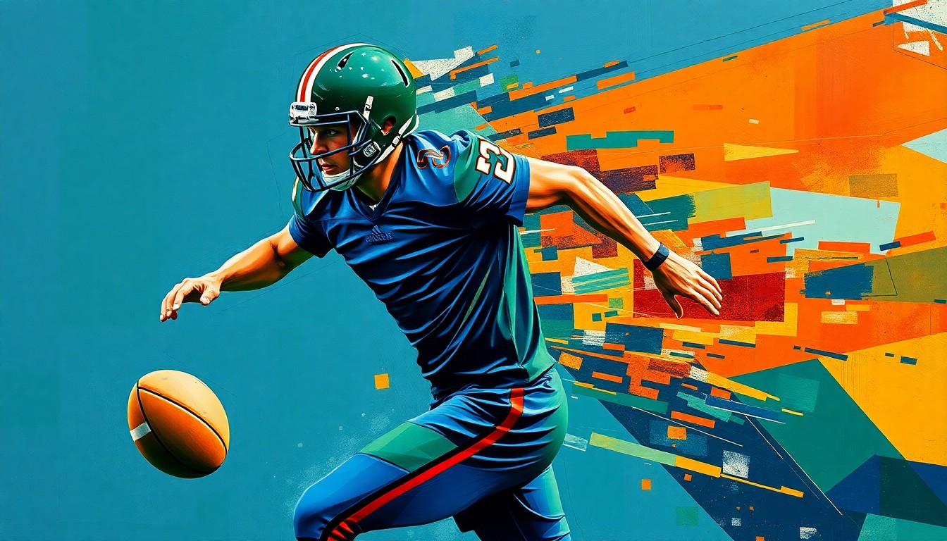 A fractured, cubist-style painting depicting a football player in motion, with sharp geometric planes in navy, green, and orange hues, conceptually representing the potential for the Bills to draft Josiah Trotter and continue his family's football legacy.