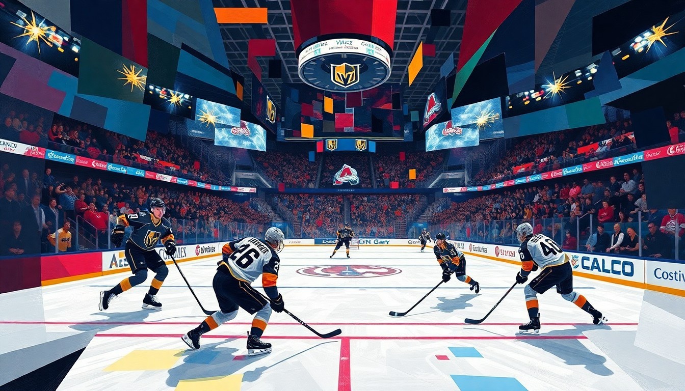 A fractured, multi-perspective painting depicting a hockey game between the Vegas Golden Knights and Colorado Avalanche, with the players and arena setting broken down into sharp, overlapping geometric planes in a cubist style using the teams' vibrant uniform colors.