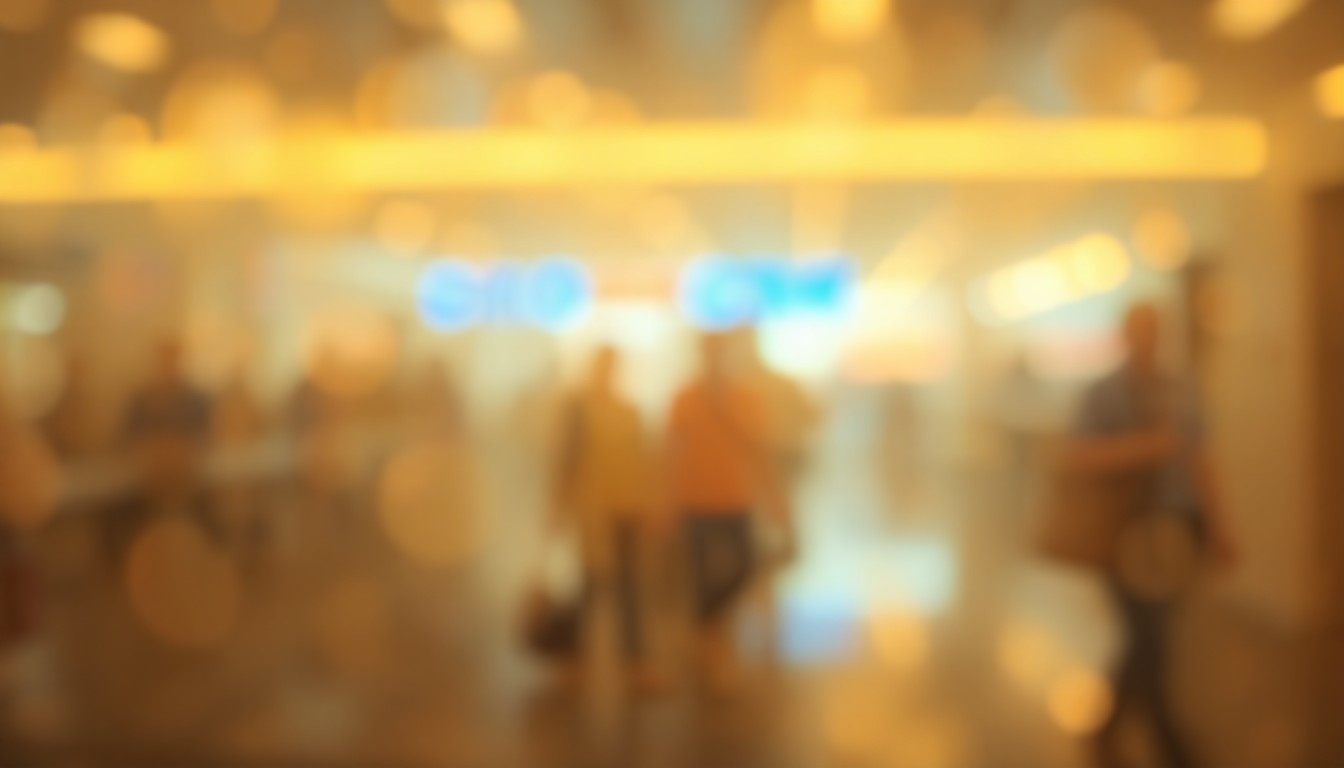 An abstract, out-of-focus image composed of soft, warm pools of light and color, conceptually representing the hazy, atmospheric experience of airport security screening.