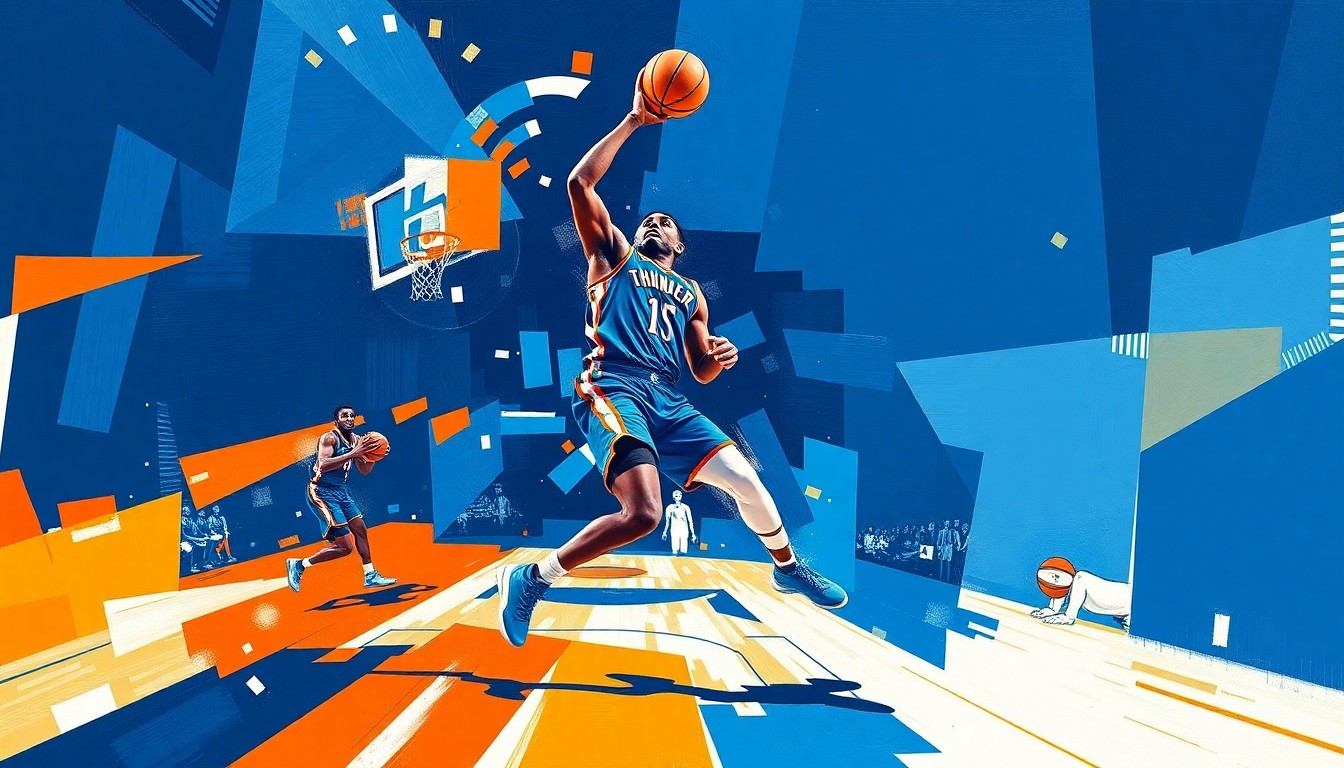 A cubist, geometric painting depicting the movements and actions of a basketball player in a fragmented, multi-perspective style, using the colors of the Oklahoma City Thunder team to conceptually represent the record-breaking achievement.