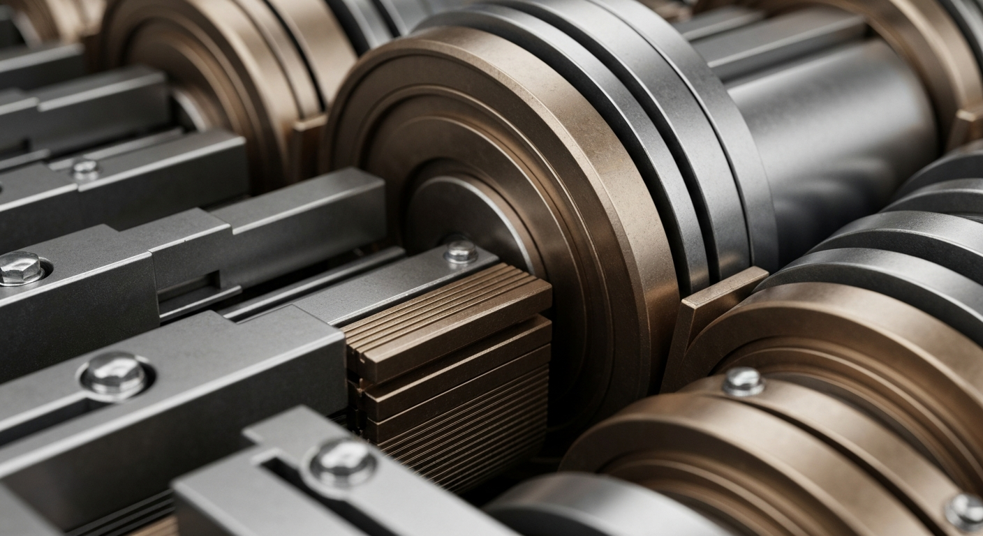 An extreme close-up of heavy, polished banking machinery and mechanisms in shades of steel gray, bronze, and chrome, conceptually representing the secure infrastructure and institutional power of the financial system.