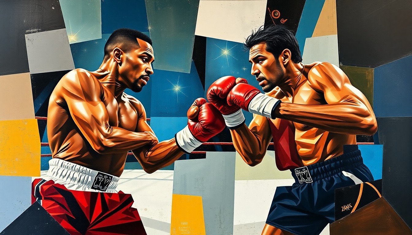 A cubist, geometric painting depicting the dynamic action of a boxing match, with the figures of the two fighters fragmented and abstracted into overlapping planes of color and shape.