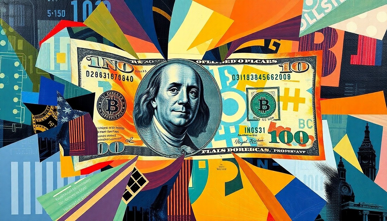 A vibrant, abstract painting featuring overlapping, fragmented shapes and patterns in shades of blue, green, and gold, conceptually representing the intersection of traditional finance and emerging blockchain technology.
