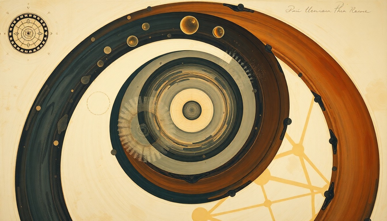 A highly structured abstract painting in muted earth tones, featuring sweeping geometric arcs, concentric circles, and precise botanical spirals, conveying the complex evolutionary forces that have shaped the origins of the octopus.