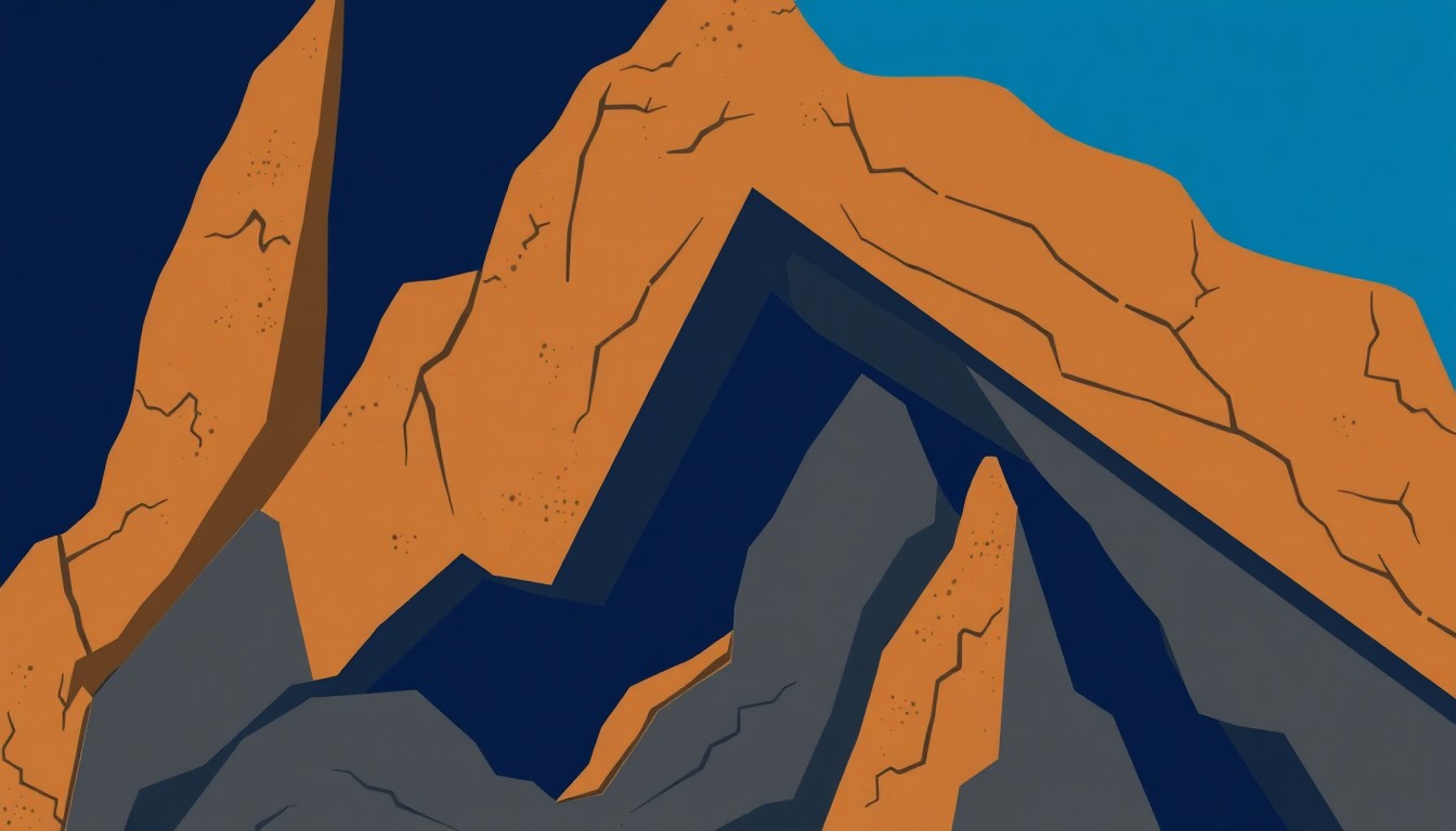 An abstract composition of interlocking geometric shapes in shades of blue, brown, and grey, conceptually representing the layered, textural formations of stalactites.