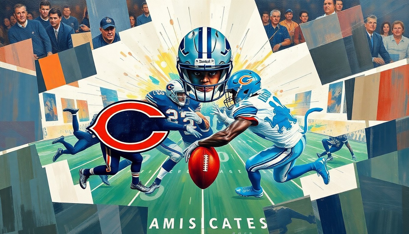A cubist, fragmented painting depicting a football game between the Detroit Lions and Chicago Bears, with the players and field broken down into sharp, overlapping geometric shapes and planes of color.
