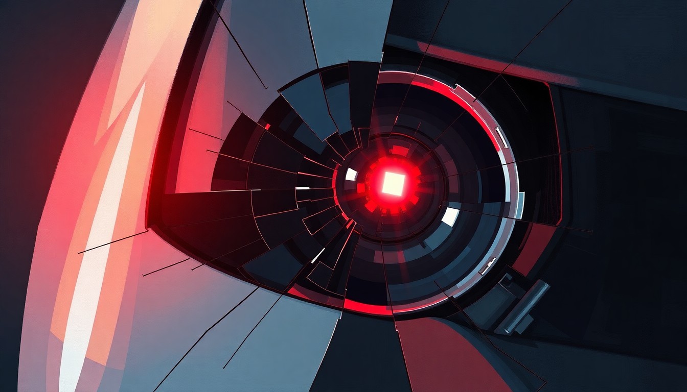 An extreme close-up of a shattered car sensor lens reflecting a faint red light, conceptually illustrating the vandalism of self-driving cars.