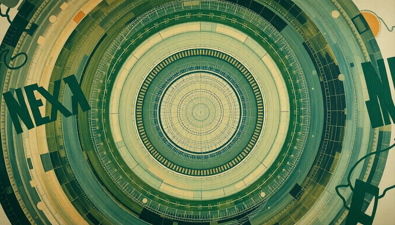 An abstract, highly structured painting in muted earth tones, featuring sweeping geometric arcs, concentric circles, and precise botanical spirals, conceptually representing the technical complexity and interconnected components of a next-generation satellite communications system.