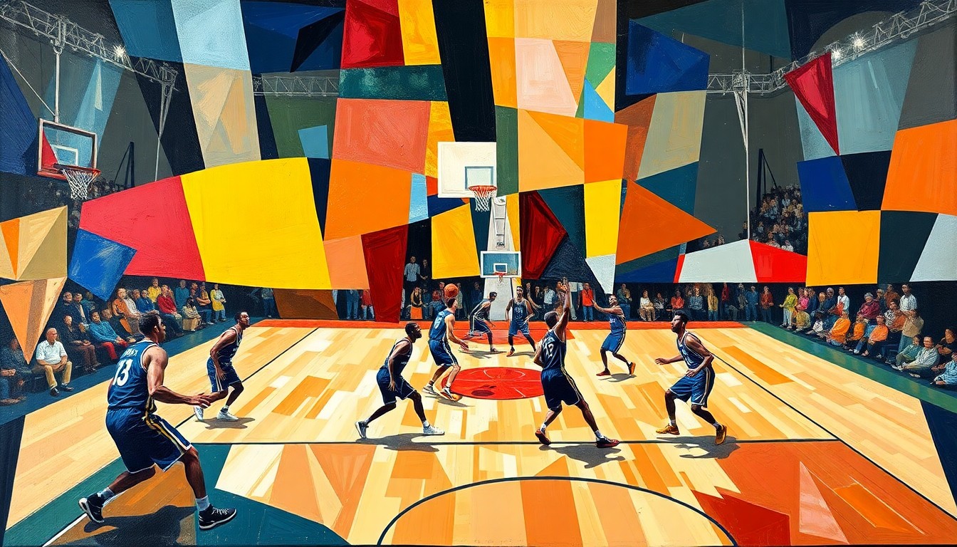A fragmented, geometric painting in bold colors that captures the energy and movement of a basketball game, with players and the court deconstructed into sharp, overlapping planes.