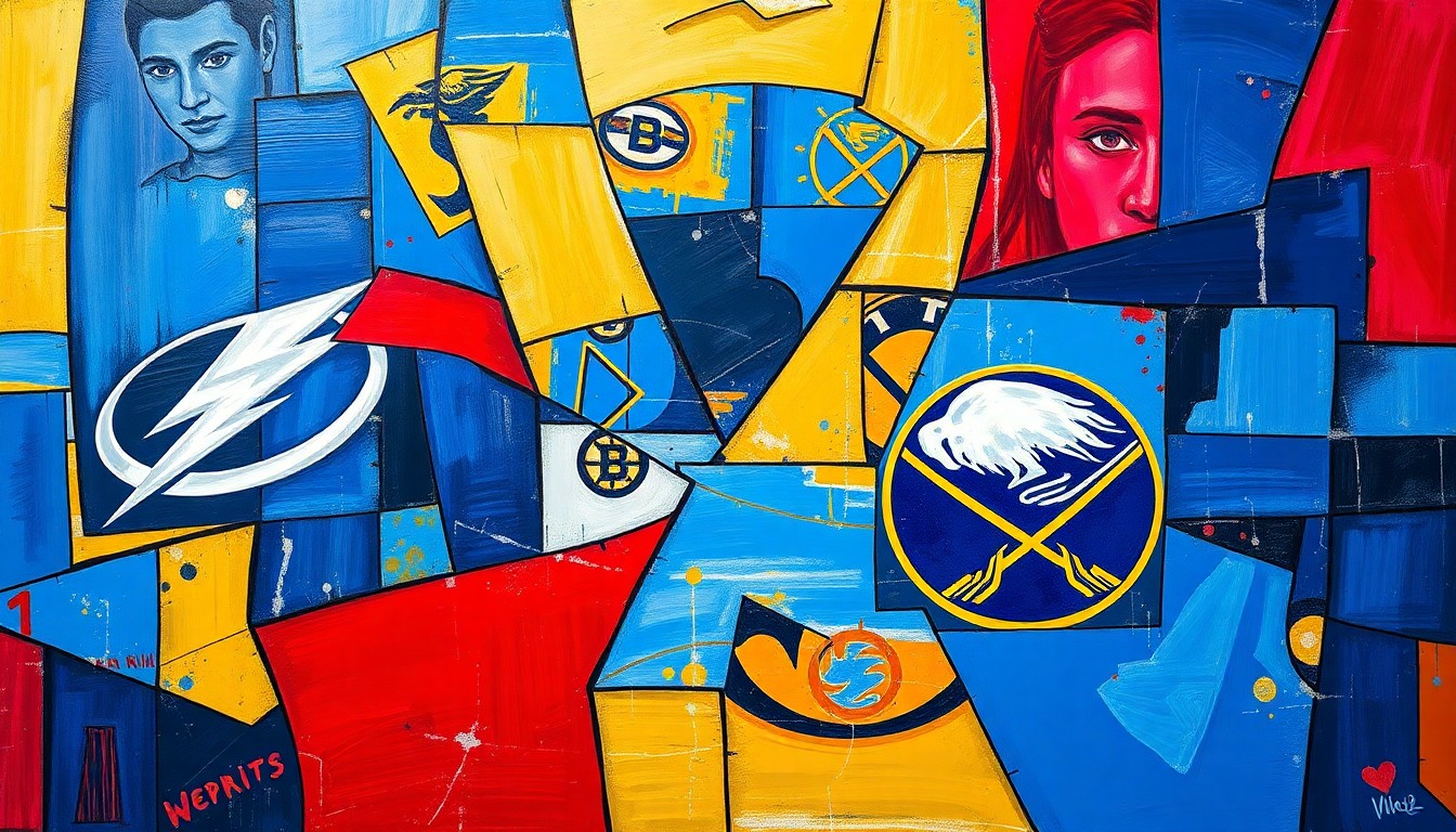 A cubist, geometric painting depicting a hockey game between the Tampa Bay Lightning and Buffalo Sabres, with sharp, overlapping planes of blue, red, and gold representing the intense competition between the two teams.