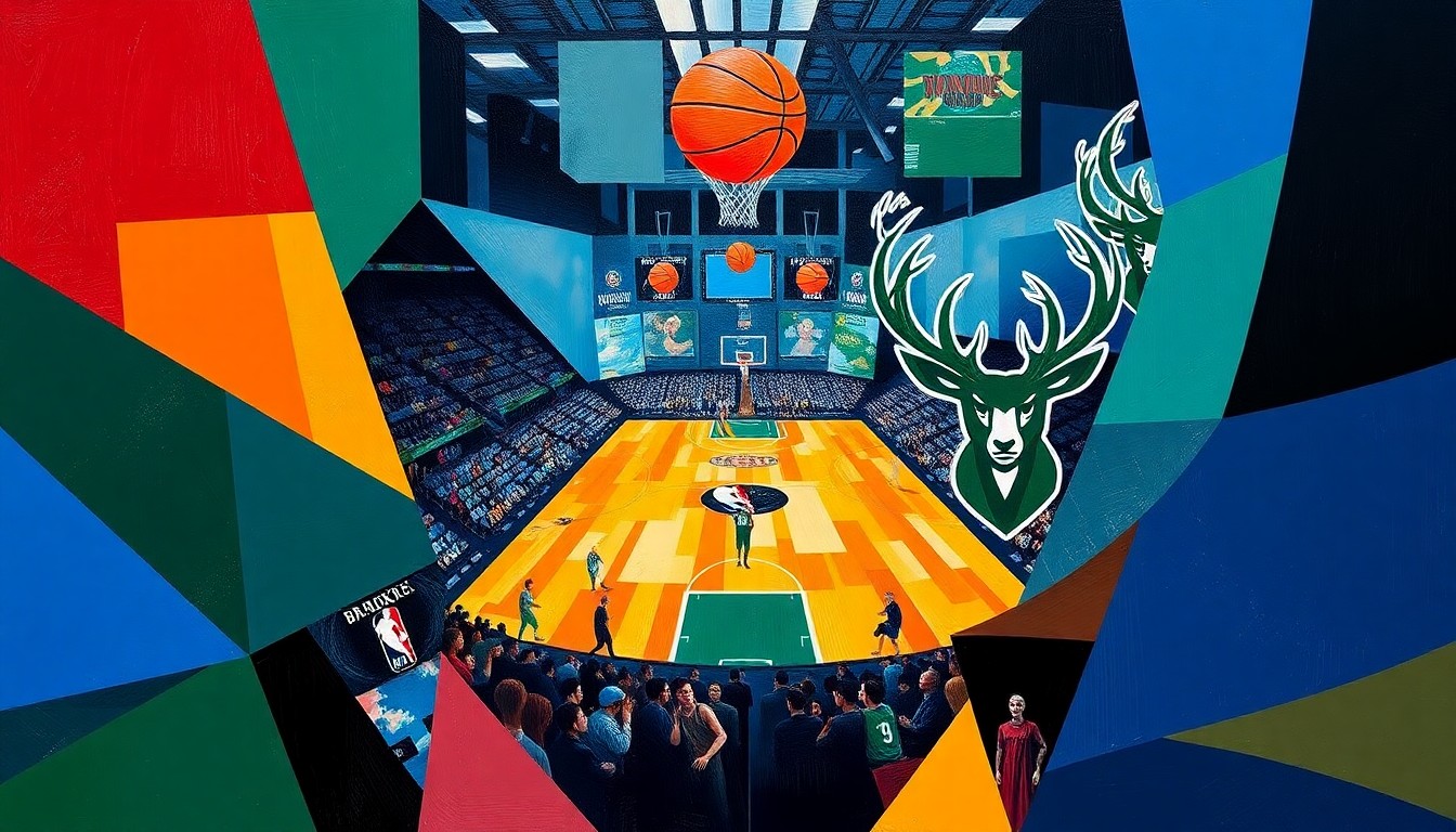 A fractured, cubist-style painting depicting a basketball game between the Brooklyn Nets and Milwaukee Bucks, with sharp, overlapping geometric shapes and planes in the teams' official colors, capturing the dynamic and competitive nature of the matchup.