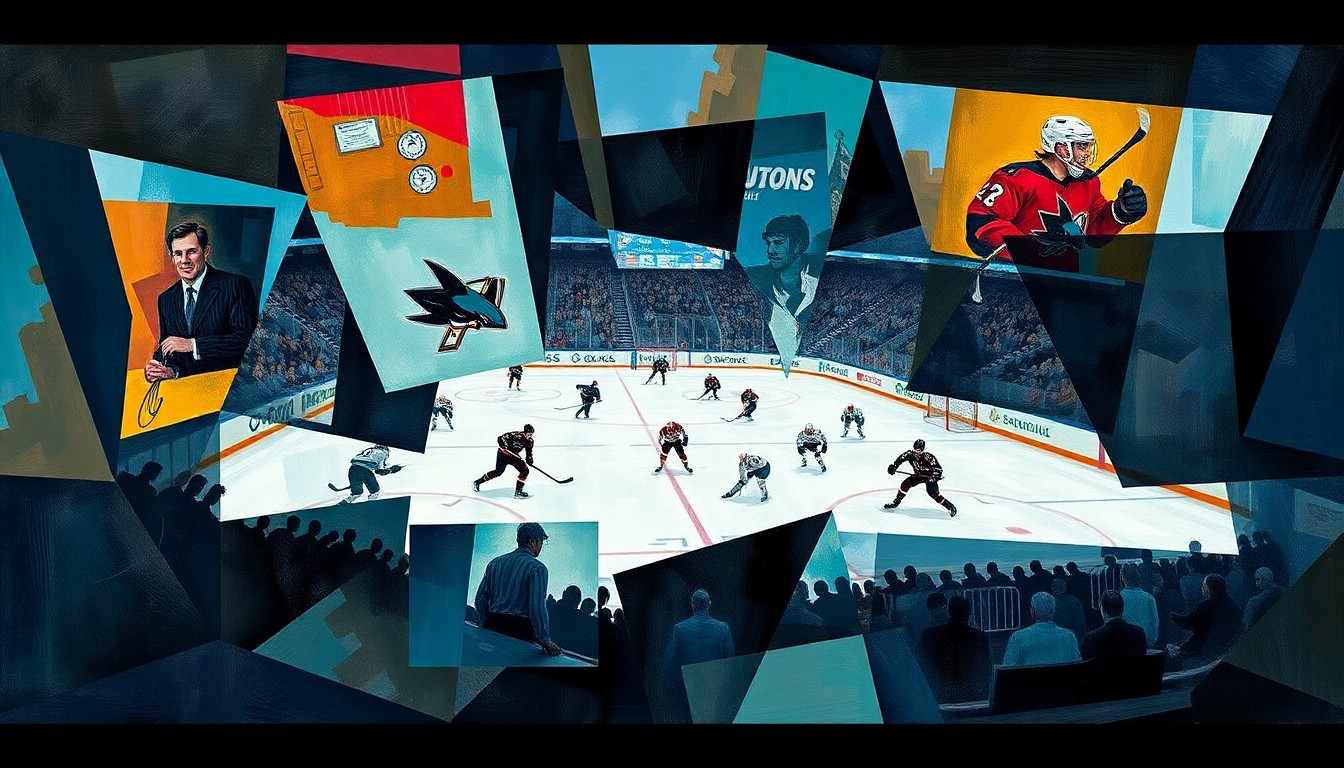 A cubist, geometric painting depicting a Sharks hockey game, with players and the ice surface broken down into sharp, overlapping planes of color and shape, conveying the team's deliberate, process-oriented style of play.
