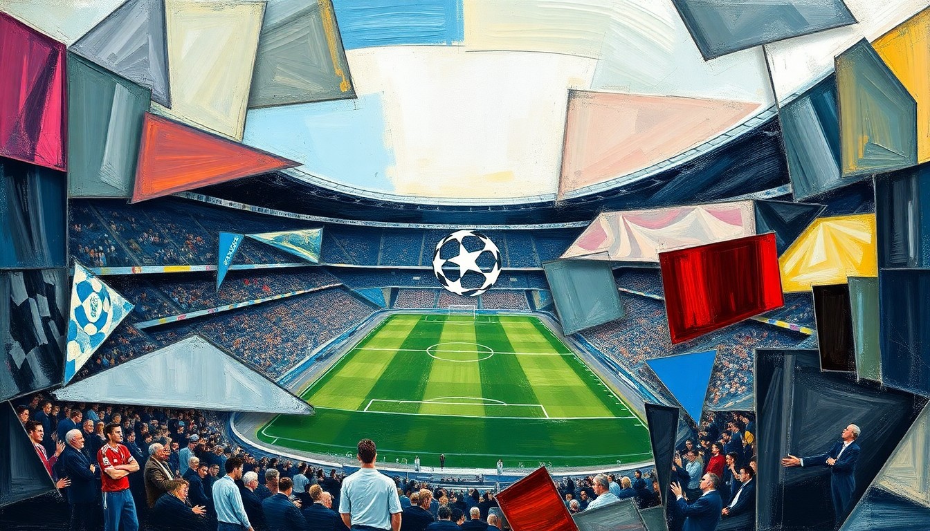 A cubist, geometric painting depicting a Champions League match, with players and the field of play broken down into sharp, overlapping planes of color and shape, conveying the tactical complexity and predictability of the modern European competition.