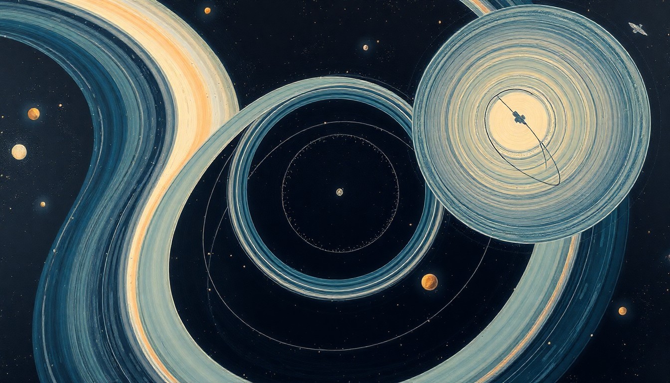 A highly textured, abstract painting in soft, muted colors featuring sweeping geometric arcs, concentric circles, and precise spirals, conceptually representing the complex forces and structures of space debris and satellite orbits.