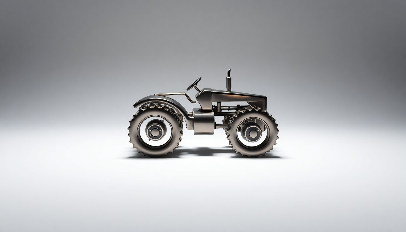 A minimalist, photorealistic studio still life featuring a polished metal sculpture in the shape of a tractor, conceptually representing Deere & Company's industrial equipment design and engineering.