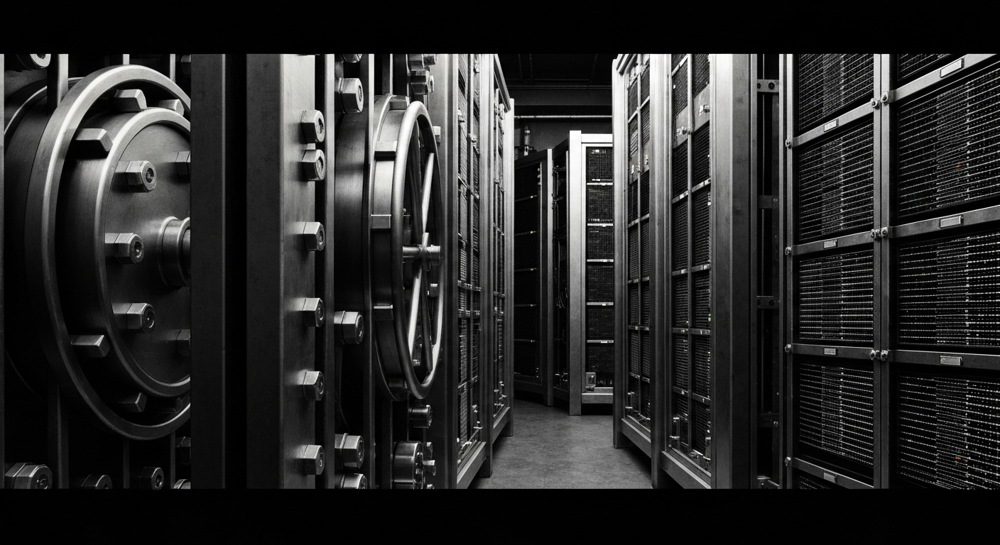 An extreme close-up of various metal and electronic components that make up the internal infrastructure of a bank, conveying a sense of the physical, industrial nature of financial services.