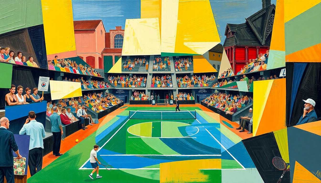 A fragmented, geometric painting depicting a tennis match or competition, with sharp, overlapping planes of color and form, conveying the complex and multifaceted nature of elite athlete development.