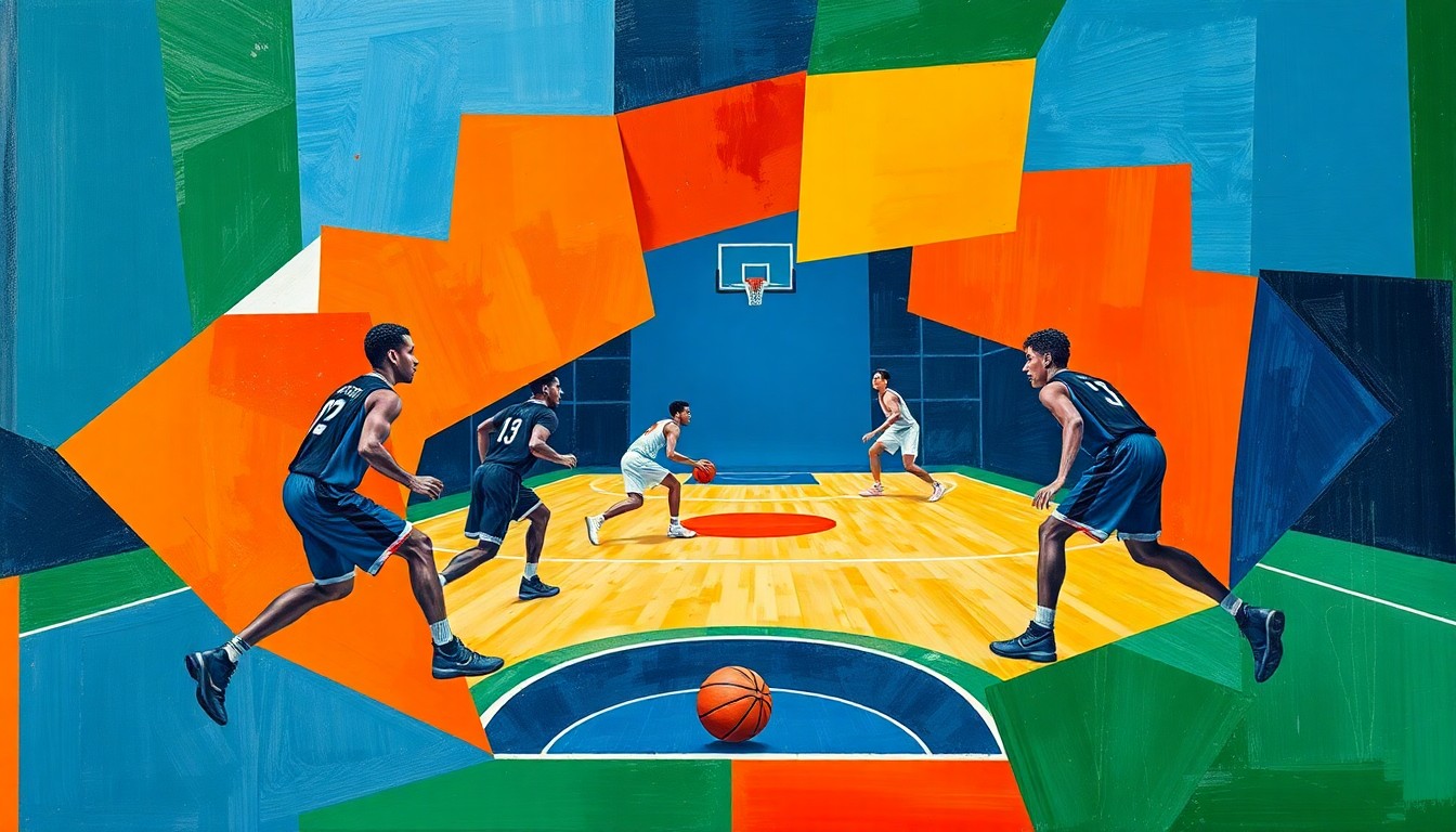 A cubist, geometric painting depicting a fragmented college basketball game, with the players' forms broken down into sharp, overlapping shapes in a vibrant color palette, conveying the chaotic energy and unpredictability of the recent rankings shakeup.