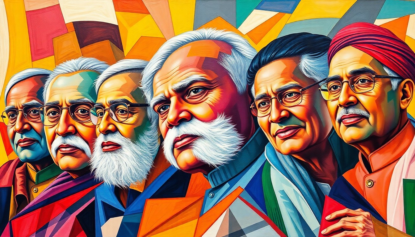 A dynamic, abstract painting featuring overlapping, fractured geometric shapes in vibrant shades of blue, green, and orange, conceptually representing the diversity and energy of India's political landscape.