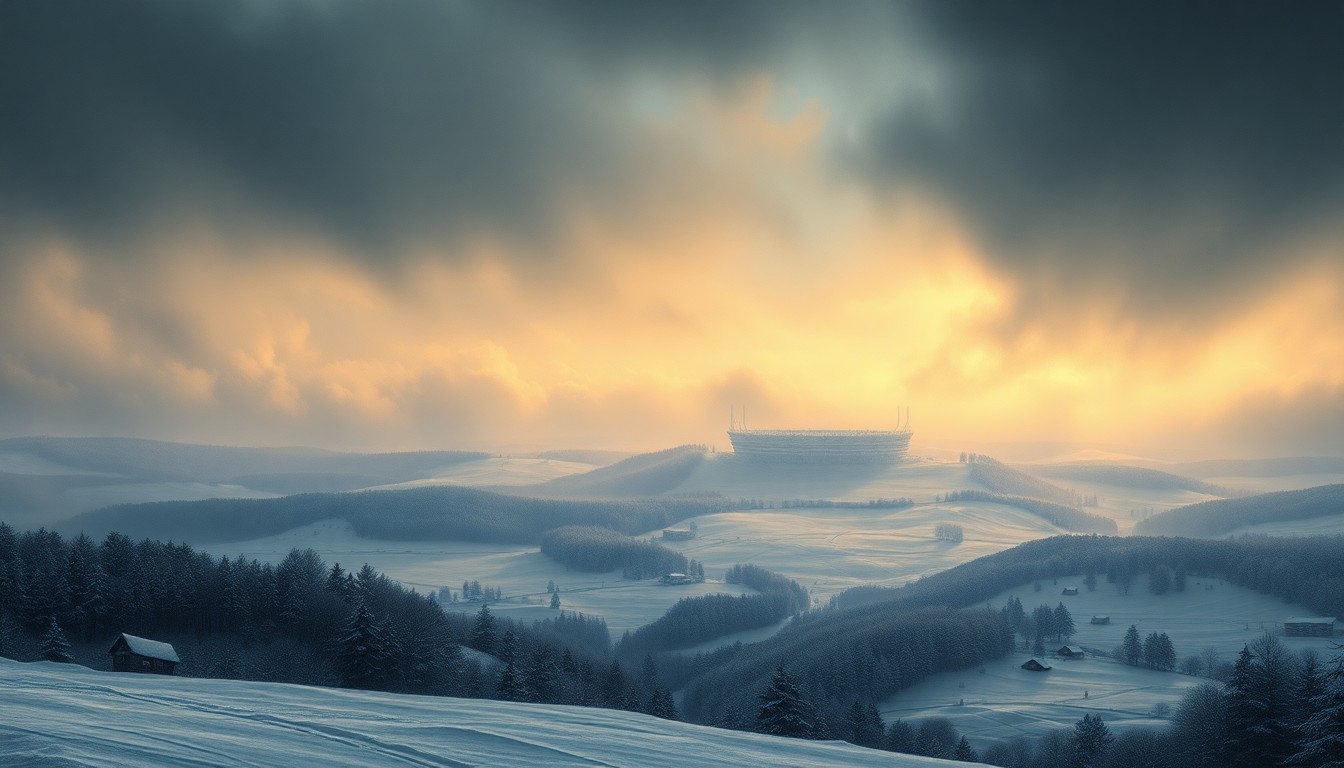 A sweeping, atmospheric landscape painting in muted blues and grays, depicting a vast, snowy expanse with a distant, barely visible sports arena dwarfed by the overwhelming scale of the storm.
