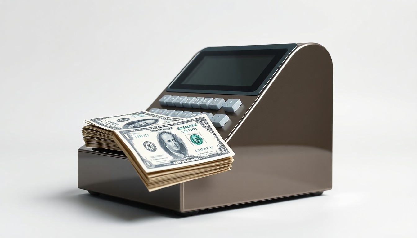 A photorealistic studio still-life image featuring a polished metal cash register and stacked dollar bills on a clean, monochromatic background, symbolizing the financial aspects of the convenience store business.