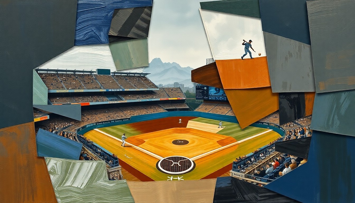 A fragmented, geometric painting in muted tones, depicting a baseball game or match broken down into sharp, overlapping planes, representing the multifaceted nature of player evaluation and trades in modern baseball.