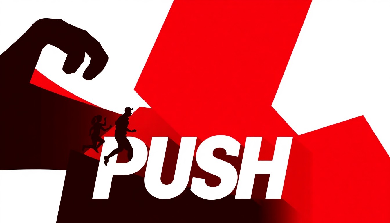 A bold, abstract composition of stark, jagged geometric shapes in red and white, conceptually representing the athletic and boundary-pushing performances of PUSH Physical Theatre.