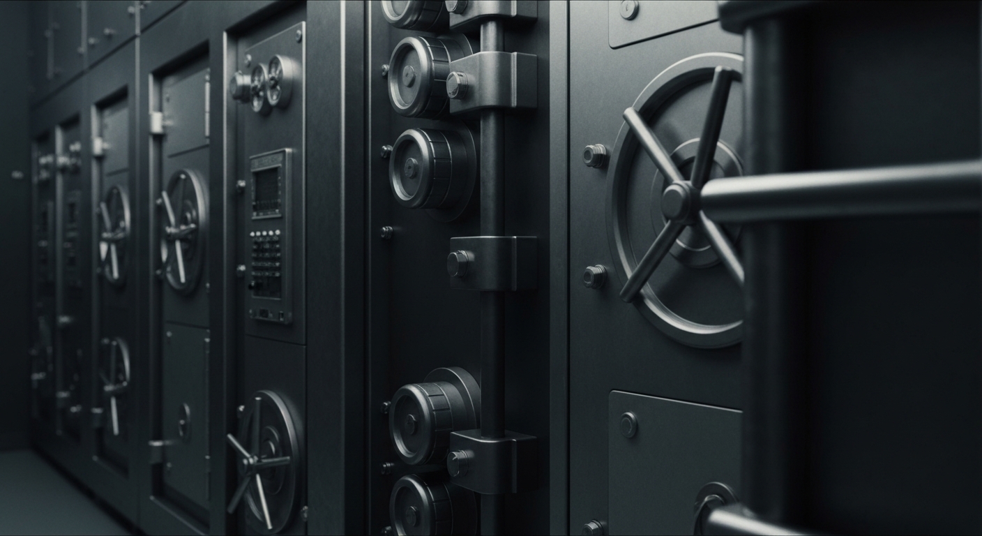 An extreme close-up of various metal and mechanical components that make up the internal workings of a bank vault or security system, conveying a sense of solidity, security, and the tangible nature of financial institutions.