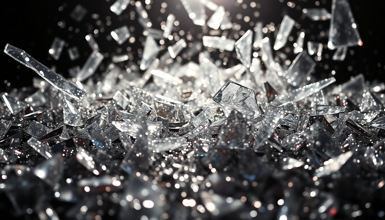 An extreme close-up photograph of shattered glass and glittering sequins in dramatic, high-contrast studio lighting, conceptually representing the glamour and high-stakes drama of soap opera storylines.