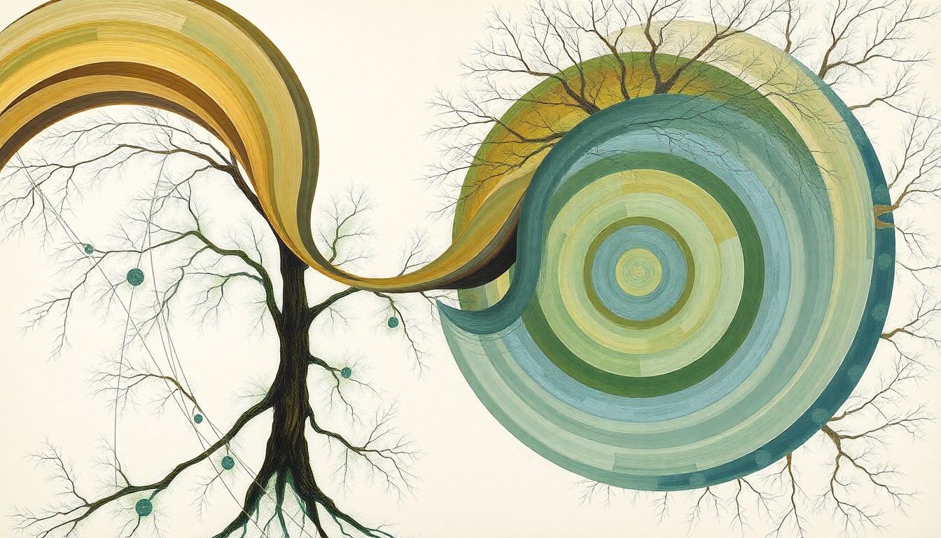 A bold, abstract painting in earthy tones of green, brown, and blue, featuring sweeping geometric arcs, concentric circles, and precise botanical spirals, conceptually representing the complex scientific processes that cause trees to 'explode' during extreme winter weather.
